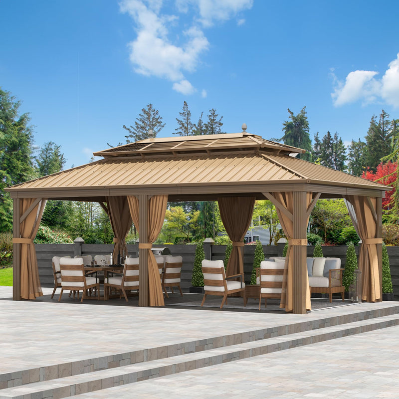 DWVO 12x20 ft Hardtop Gazebo Outdoor Heavy Duty Aluminum Gazebo with Nettings and Curtains, Combined of Horizontal and Vertical Stripes Roof for Patio, Backyard, Deck, Lawns and Balcony, Bronze