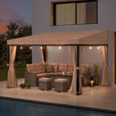 Sunjoy 10 x 12 ft Wall Mounted Gazebo with Weather Resistant Fabric Roof, Black Aluminum & Metal Frame Lean to Gazebo with Curtains and Netting