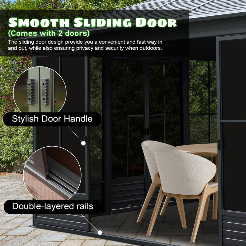 Domi 12x15FT Outdoor Sunroom, All-Season Solarium Gazebo with Galvanized Steel Roof, 4 Sliding Doors, Detachable PVC Screen, Aluminum Permanent Sun Room for Patio Deck Garden