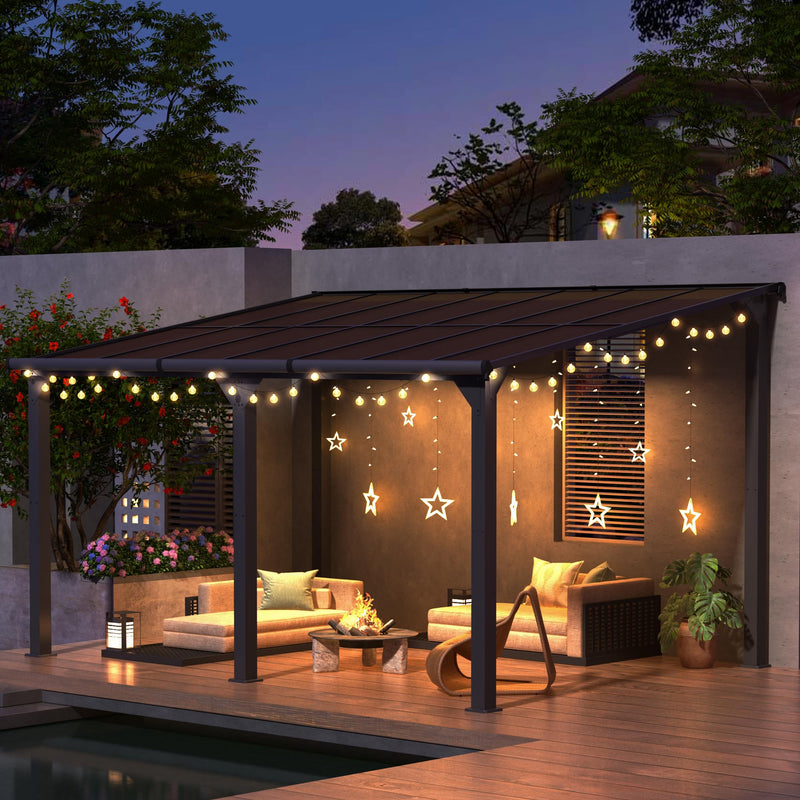 HOGYME 10x14 FT Gazebo, Outdoor Gazebos on Clearance with Updated Frame Structure and Roof, Hard Top Lean to Gazebo Pergola, Wall Mounted Awnings for Patio, Deck, Lawn and Backyard