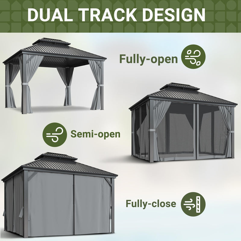 VIWAT 10x12 FT Hardtop Gazebo with Aluminum Frame, Galvanized Steel Double Roof Gazebo with Nettings and Curtains, Permanent Outdoor Metal Pavilion for Patio, Deck, Lawn and Garden, Gray