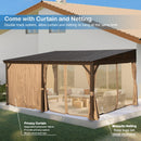 SHPAI 12’ x 16’ Lean to Gazebo, Outdoor Wall Mounted Gazebo Aluminum Frame, Hardtop Pergola with Galvanized Steel Sloping Roof for Patio Deck Garden Backyard, Curtain and Netting Included