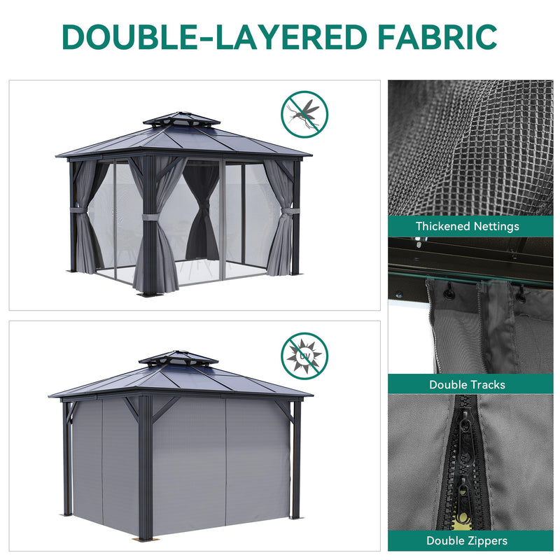 YITAHOME 10X10FT Polycarbonate Hardtop Gazebo Outdoor Patio Double Top Canopy Galvanized Iron Aluminum Column Garden Tent Curtains Netting for Backyards Decks Lawns,Gray
