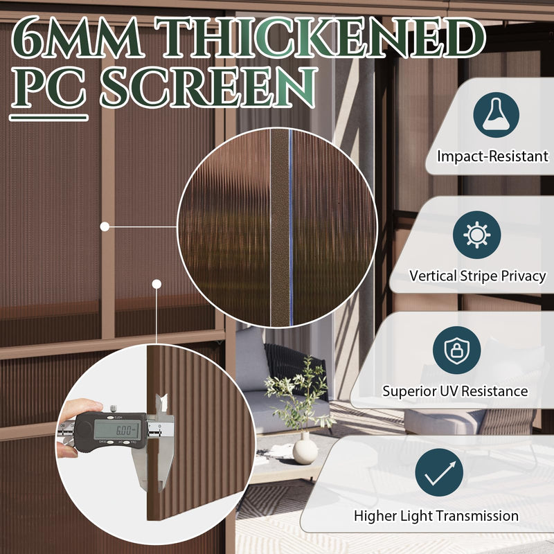 EROMMY 10' x 14' Sunroom, Wall Mounted Gazebo with Galvanized Steel Roof & Aluminum Frame, 3-Sided Sliding Doors, Lean to Gazebo with 6mm Thickened UV-Resistant PC Screen for Patio, Garden, Backyard