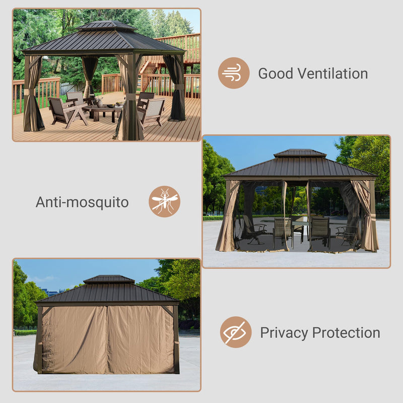 Domi 10' X 12' Hardtop Gazebo, Upgraded Metal Gazebo with Drainage System, Dual-Layer Galvanized Steel Roof, Curtain and Netting, Outdoor Shelter Canopy for Patio, Garden, and Backyard, Brown