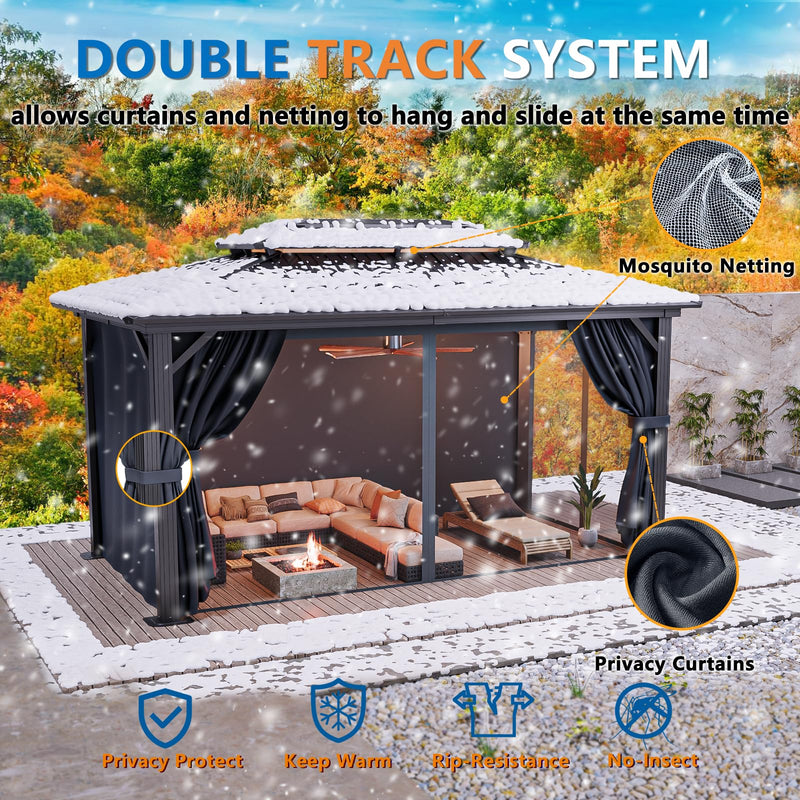 HOTEEL 10x15 Hardtop Gazebo with Heavy Duty Galvanized Steel Double Roof, Aluminum Frame, Flame-Resistant Curtains and Netting, Outdoor Permanent Pavillon for Backyard, Black
