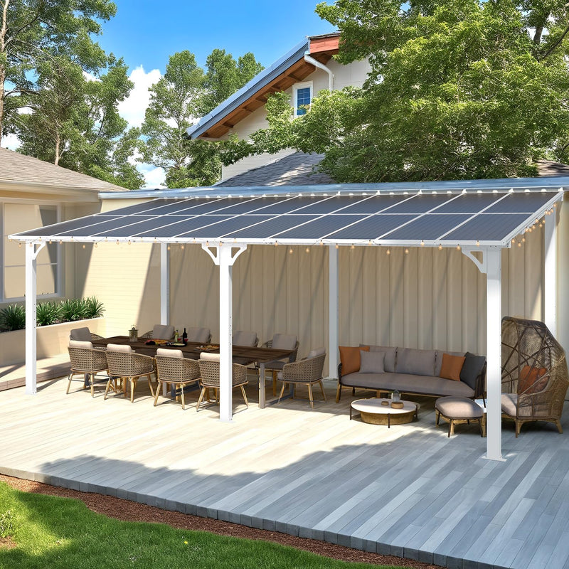 AECOJOY 20' x 10' White Outdoo Gazebo for Patio, Large Wall-Mounted Pergolas and Gazebos Clearance Hard Top 10x20 Lean to Metal Gazebo Shelter Patio Roof, Heavy Duty Awnings for Patio, Decks