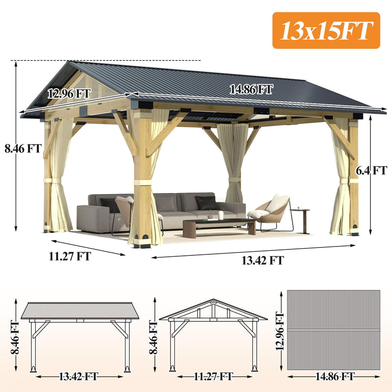COVERONICS 13’x15’ Outdoor Wood Gazebo - Hardtop Patio Gazebo with Galvanized Steel Roof, Cedar Wooden Gazebo with Privacy Curtains and Netting for Garden, Porch, Patio and Deck