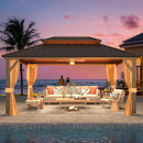 YOLENY 12' x 16' Gazebo Hardtop with Aluminum Frame,Galvanized Steel Double Roof Gazebos with Curtain and Netting,Outdoor Metal Pergolas for Garden, Lawn, Deck, Brown