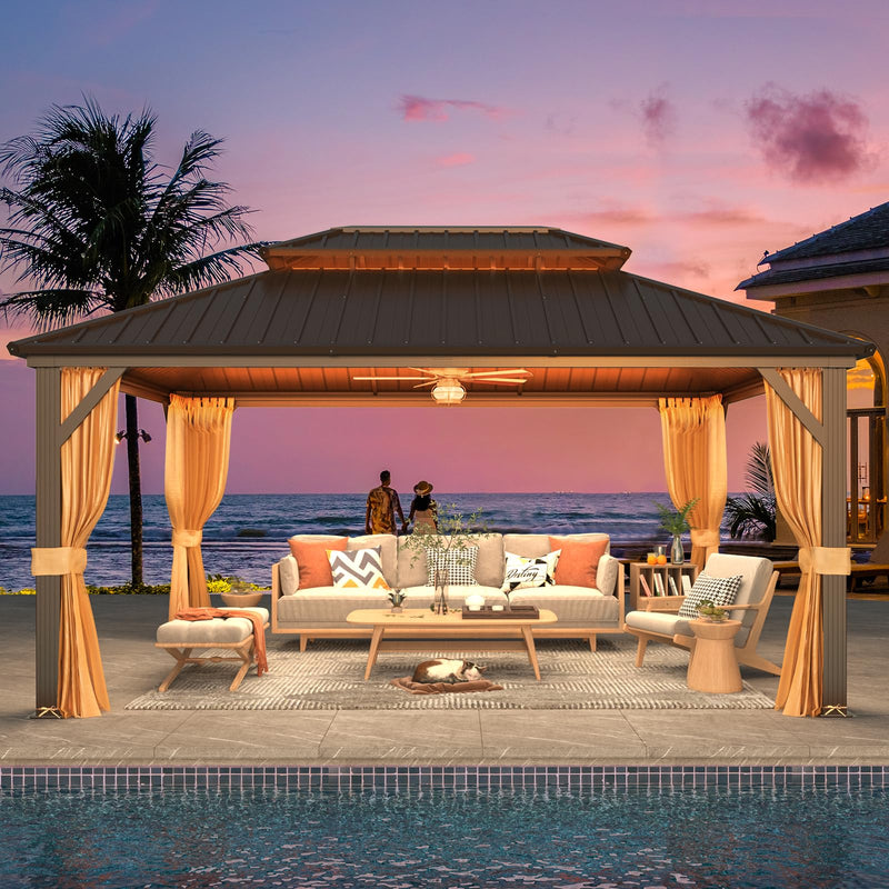 YOLENY 12' x 16' Gazebo Hardtop with Aluminum Frame,Galvanized Steel Double Roof Gazebos with Curtain and Netting,Outdoor Metal Pergolas for Garden, Lawn, Deck, Brown