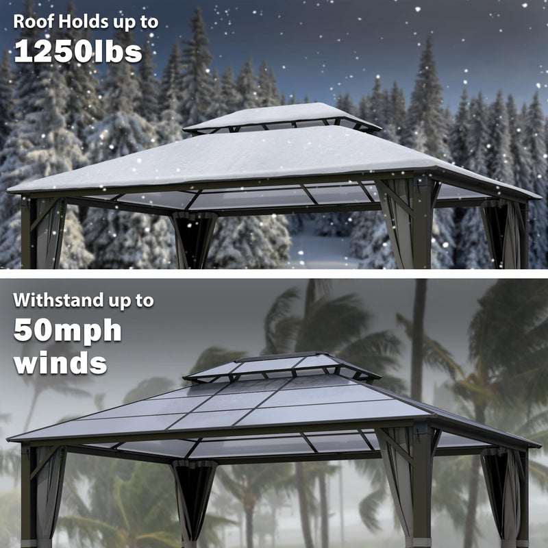 Raysfung Hardtop Gazebo 12' x 16', Patio Gazebos with Polycarbonate Roof & Steel Frame, Outdoor Pavilion with Gray Curtain&Netting for Backyard/Lawn/Garden/Deck