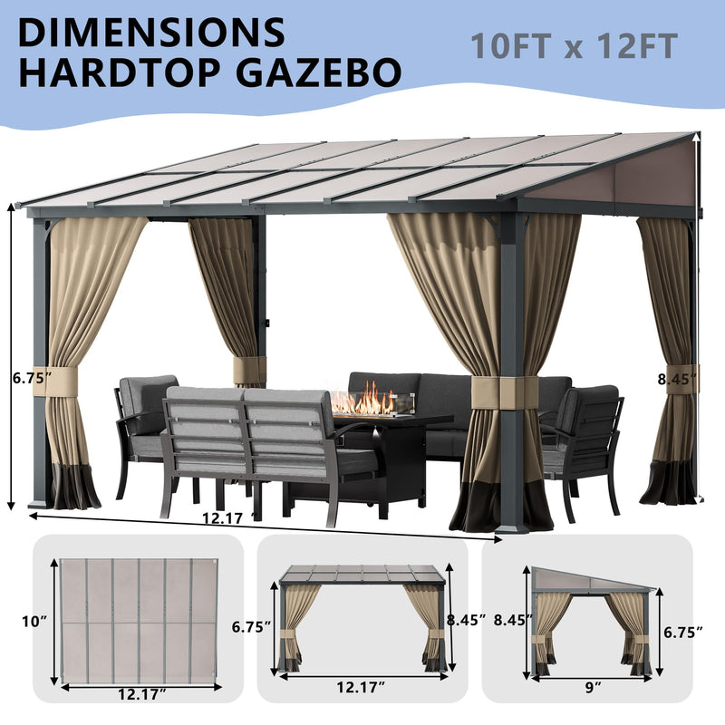 ASJMR 10x12FT Gazebo, Hardtop Wall Mounted Gazebo with Sloping Sun Panel Roof, Awnings for Patio with Metal Frame, Double Curtains for Garden, Lawn, Backyard Deck, Sand