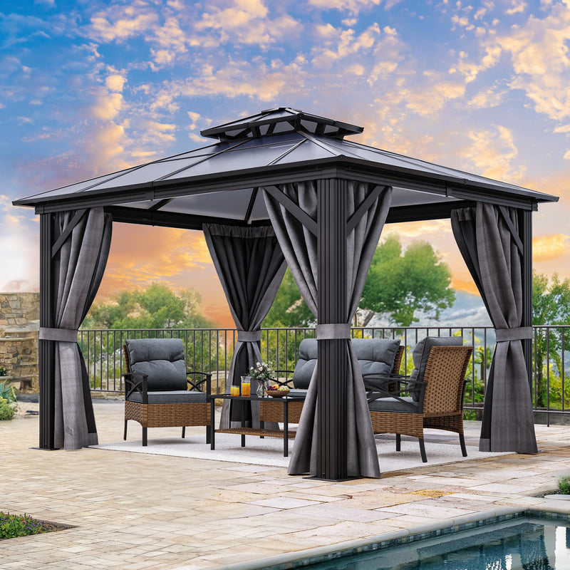 YITAHOME 10X10FT Polycarbonate Hardtop Gazebo Outdoor Patio Double Top Canopy Galvanized Iron Aluminum Column Garden Tent Curtains Netting for Backyards Decks Lawns,Gray