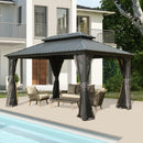 Domi 10x14FT Hardtop Gazebos, Aluminum Metal Gazebo with Galvanized Steel Double Roof Canopy, Curtain and Netting, Permanent Gazebo Pavilion for Patio, Backyard, Deck and Lawn, Grey