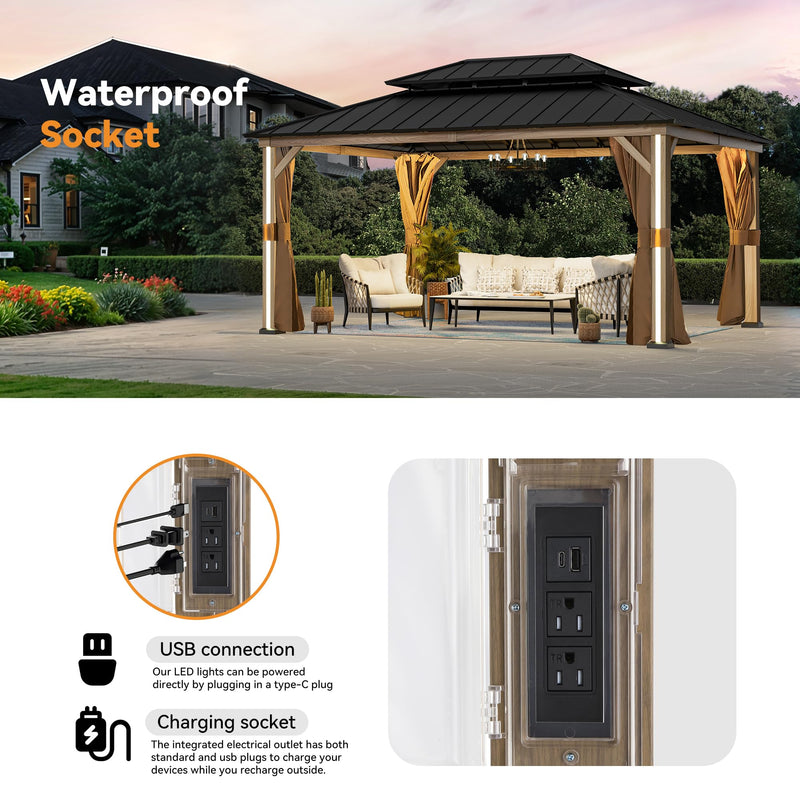 Modern Shade Hardtop Gazebo 12' x 16' with 4 LED Lights, Outdoor Gazebo with Double Roof, Aluminum Frame, Patio Pavilion with USB Charging Port Deck, Mosquito Netting and Curtains, Wood Looking