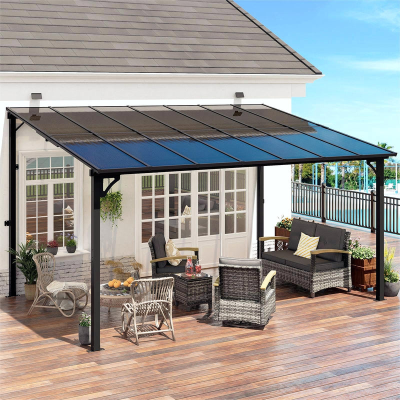 MEISSALIVVE 10' x 14' Pergola with Sloped Roof, Lean to Metal Awning for Outdoor Patio, Deck, Black
