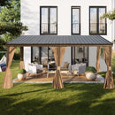 Domi 12x16FT Wall-Mounted Hardtop Gazebo, Aluminum Lean to Gazebo with Galvanized Steel Sloping Roof, Curtains & Netting for Outdoor Patio, Deck, Backyard, Garden Parties