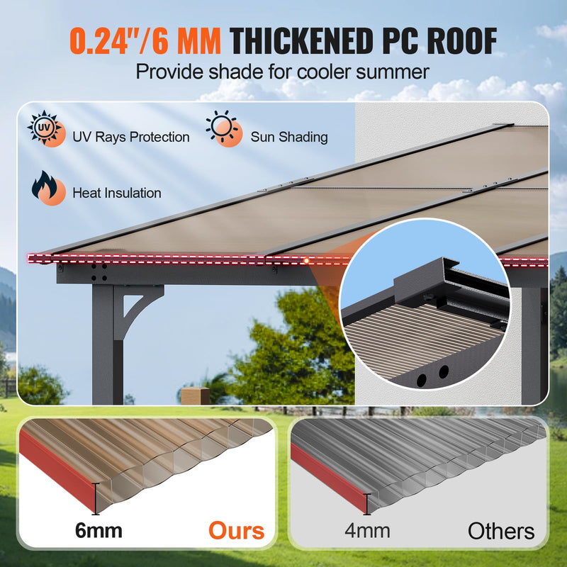 VEVOR Lean to Gazebo for Patio, 10' x 14' Hard Top Gazebo with Aluminum Frame, Wall Mounted & Freestanding Pergola, UV Resistant Polycarbonate Roof, Outdoor Patio Awnings for Deck, Garden and Backyard