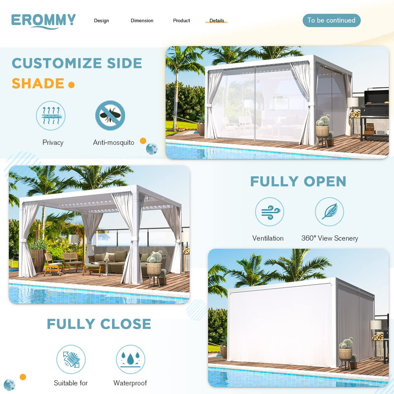 EROMMY 10x10FT Louvered Pergola Outdoor Sun Shade Shelter with Aluminum Frame and Adjustable Metal Rainproof Roof for Garden & Patio, Curtains and Netting Included, White