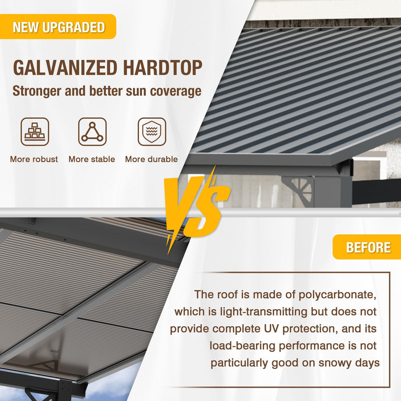 EBE 12' x 12' Hardtop Gazebo, Heavy Duty Lean to Metal Gazebos Outdoor Pergola, Wall Mounted Gazebo with Galvanized Steel, Patio Roof Awning for Patio, Deck, Backyard