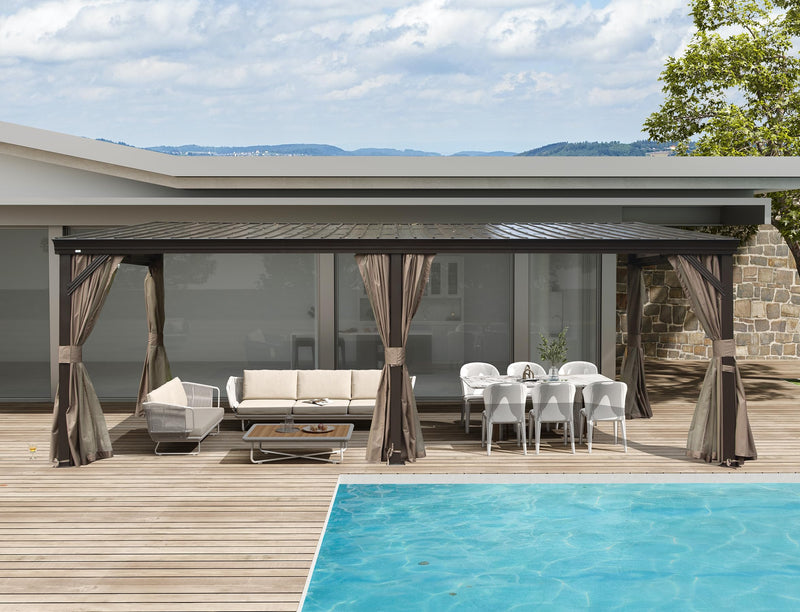 Domi 12' x 20' Lean to Gazebo with Aluminum Frame, Wall Mounted Gazebo Hardtop Galvanized Steel Sloping Roof with Curtains and Netting for Patio Deck Backyard Lawn Party…