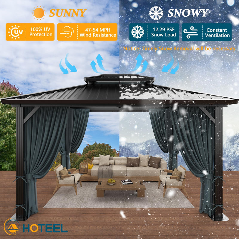 HOTEEL 10x12 Hardtop Gazebo Hot Tub Gazebo with Flame-Retardant Curtain Netting, Heavy Duty Pavilion with Galvanized Steel Double Roof, Aluminum Frame Outdoor Canopy for Patio and Party (Upgraded 3.0)