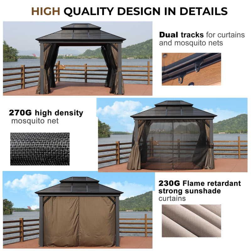 WELYAS Aluminum Hardtop Gazebo 10' X 12' Heavy Duty All Weather Black Gazebos with Galvanized Steel Double Metal Roof for Garden Patio Deck Backyard, Curtains and Netting Included