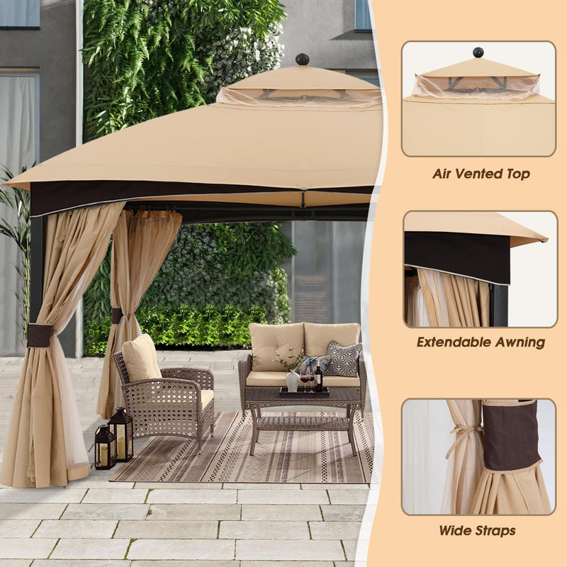 ABCCANOPY Outdoor Gazebo 11x13 with Netting - Double Roof Patio Gazebos for Backyard Garden Deck Lawn, Beige