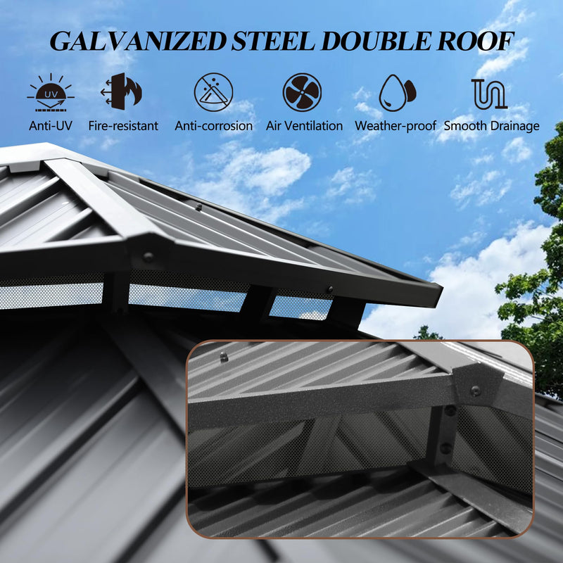 GARTOO 8.5x8.5FT Outdoor Hardtop Gazebo - Aluminum Heavy-Duty Galvanized Steel Top Gazebo with Breathable Netting & Privacy Curtain, Double Roof Gazebos for Patio, Porch, Garden, Lawn, Deck, Backyard