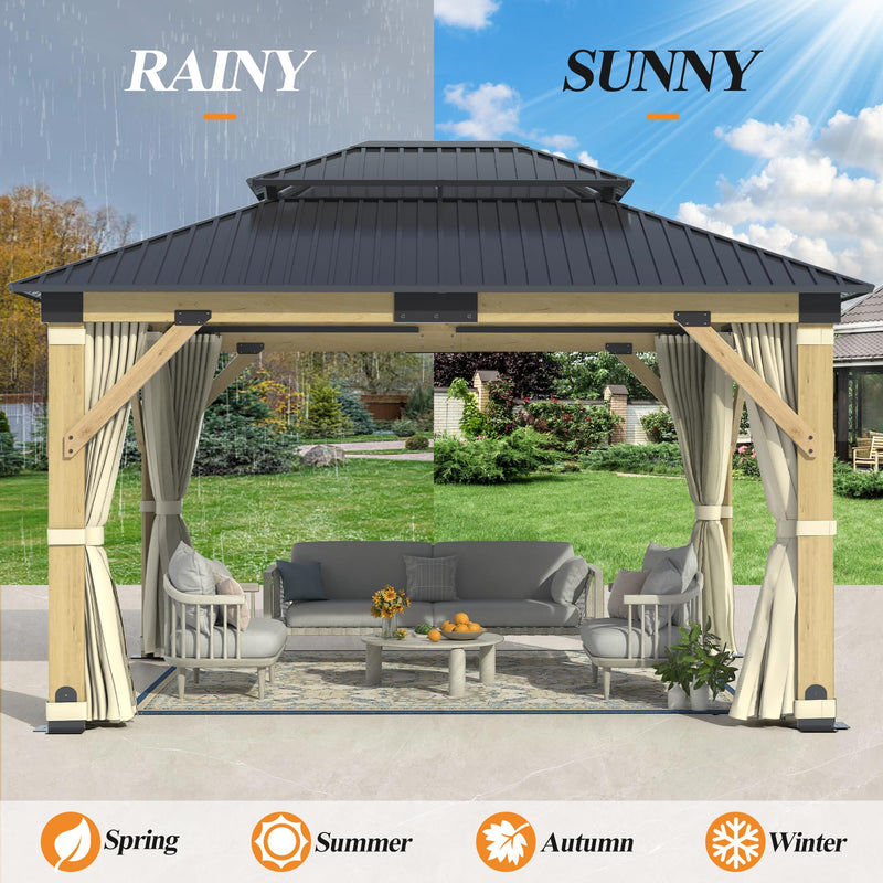 GARTOO 11’x13’ Patio Wooden Gazebo, Galvanized Steel Roof Gazebo & Privacy Curtains and Netting, Double Vented Roof Hardtop Gazebo for Garden, Porch, Lawn, Poolside, Backyard, Deck
