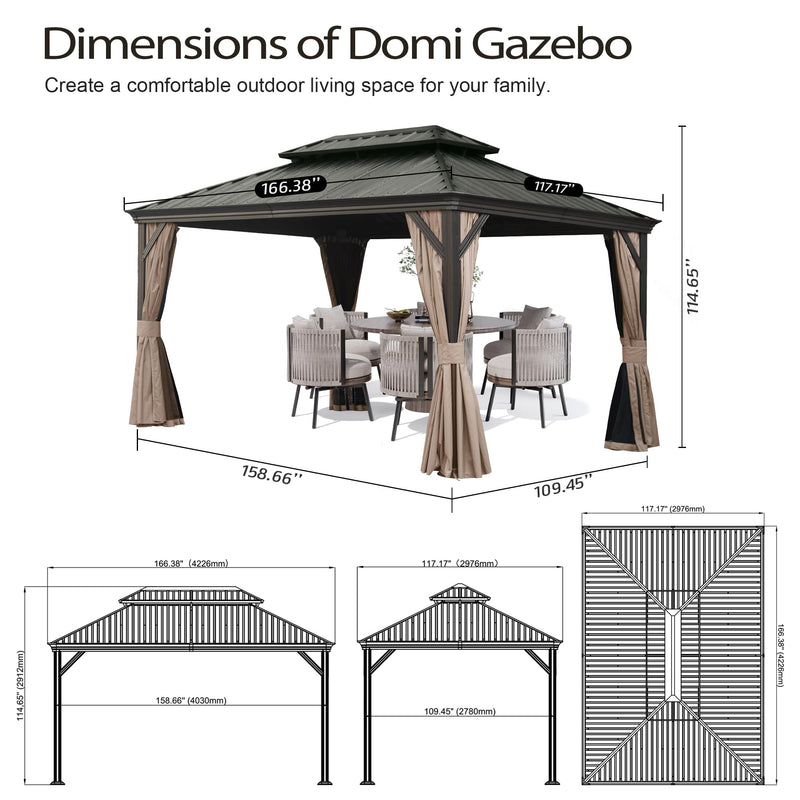 Domi 10x14 FT Outdoor Gazebo, Hardtop Gazebo with Galvanized Steel Double Roof, Metal Gazebos with Drainage System Patio Pergola for Patio Deck Backyard,Curtain and Netting, Brown