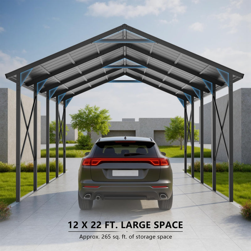 ALAULM 12x22 FT Heavy Duty Carport with Galvanized Steel Roof and Enhanced Frame, Durable Metal All Weather Carport Garage for Cars,Trucks,Boats,and Tractors