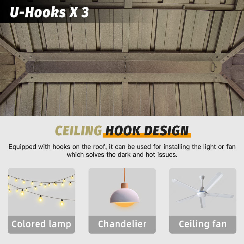 Domi Hardtop Gazebo 12x20FT, Outdoor Gazebo with Galvanized Steel Double Roof, Aluminum Frame, Built-in Gutter System, Curtain and Netting, Metal Gazebo Pavilion for Patio Deck Garden, Brown