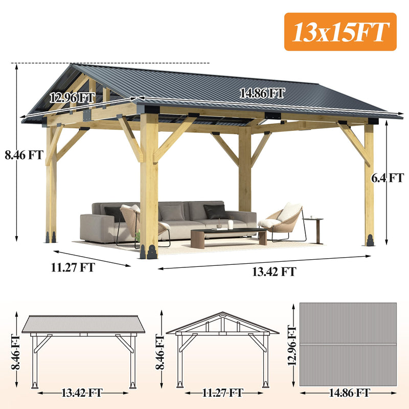 COVERONICS 13’x15’ Outdoor Hardtop Wood Gazebo - Patio Gazebo with Galvanized Steel Roof, Cedar Wooden Carport Gazebos for Garden, Porch, Patio and Deck