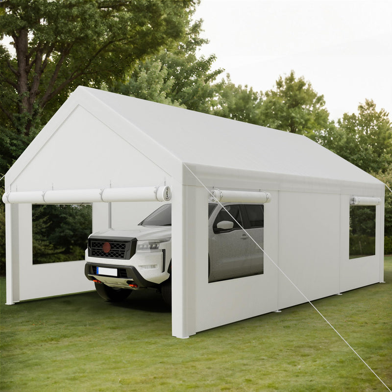Shintenchi Carport 12' x 20' Heavy Duty Portable Garage, Car Port Canopy with Side-Opening Removable Door & Roll-Up Windows, Car Canopy for Truck,Car,Boat,Motorcycle,White