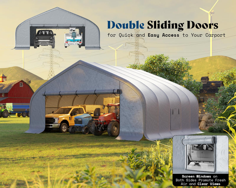 AMERLIFE 22.5 x 20FT Heavy Duty Double Carport, Galvanized Steel Frame Garage Shelter,Outdoor Storage, Waterproof 3-Layer PE Cover, Fits 2 Cars, Boat, Farm Equipment, Silver Gray