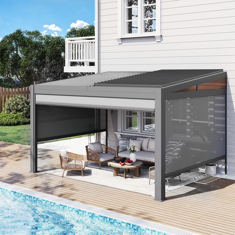 MELLCOM Louvered Pergola with Screen 10x13, Wall-Mounted Adjustable Pergola, Lean to Aluminum Gazebo with 3 Pull-Down Screen Sides and Adjustable Roof for Backyard, Dark Gray