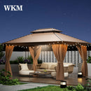 WKM 10x14 FT Hardtop Gazebo with Heavy Duty Galvanized Steel Double Roof, Aluminum Frame Permanent Pavilion with Curtains and Netting, Outside Canopy Gazebo for Patio, Deck and Backyard,Brown