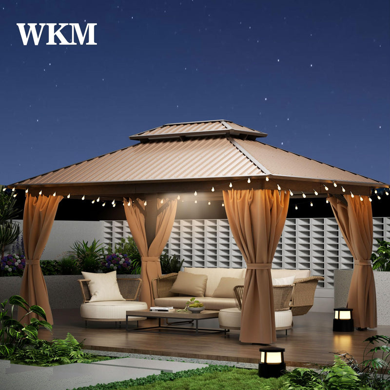 WKM 10x14 FT Hardtop Gazebo with Heavy Duty Galvanized Steel Double Roof, Aluminum Frame Permanent Pavilion with Curtains and Netting, Outside Canopy Gazebo for Patio, Deck and Backyard,Brown