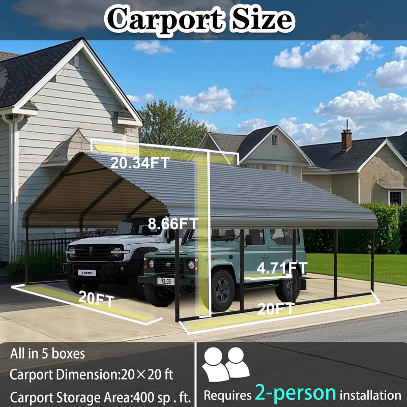 20x20 FT Metal Carport Canopy Heavy Duty with Galvanized Steel Roof & Frame, All-Weather Portable Car Garage Shelter for Cars, Safe Boat Cover Car Ports for Yard