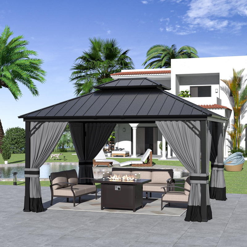 Kurapika 12' x 14' Hardtop Outdoor Metal Gazebo with Galvanized Steel Double Roof Canopy, Curtain and Netting, Aluminum Permanent Pavilion Gazebo, Grey