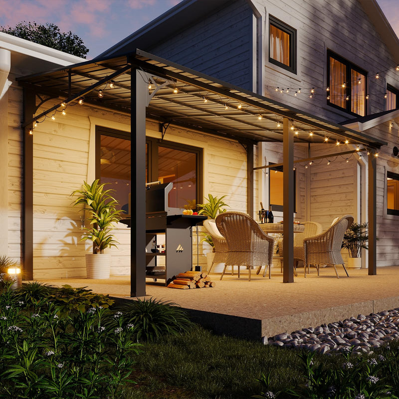 Aoxun 10' x 14' Lean to Gazebo, Upgraded Hardtop Outdoor Pergola with Sloping Galvanized Steel Roof, Large Wall-Mounted Heavy Duty Awnings for Patio, Backyard, Deck, Porch (Black)