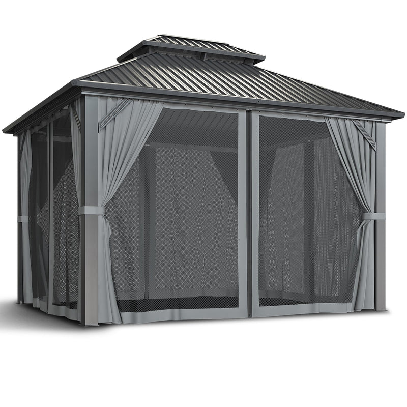 VIWAT 10x12 FT Hardtop Gazebo with Aluminum Frame, Galvanized Steel Double Roof Gazebo with Nettings and Curtains, Permanent Outdoor Metal Pavilion for Patio, Deck, Lawn and Garden, Gray