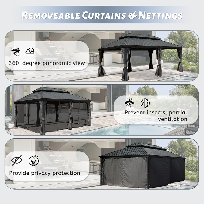 SHPAI 14’ x 24’ Outdoor Hardtop Gazebo with Gutters, Permanent Metal Hard Top Gazebo, Double Roof Galvanized Heavy Duty with Curtains and Netting for Backyard, Patio, Deck, Hot Tub, Grey