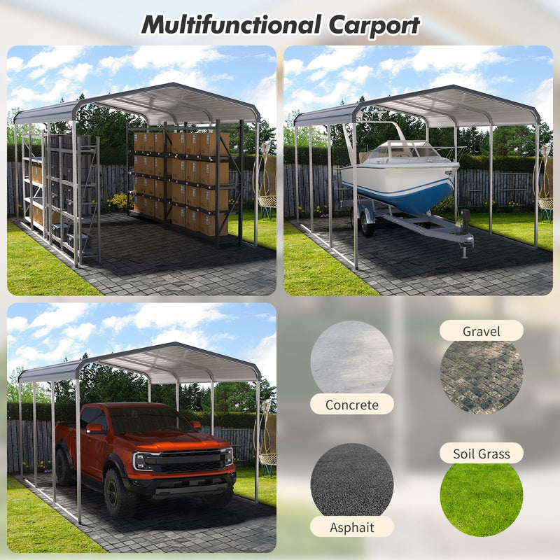 10x15 FT Metal Carport Shed,Heavy Duty Carport with Galvanized Steel Roof & Frame, Permanent All-Weather Shelter for Cars, Motorcycles, ATV, Boats, and Tractors