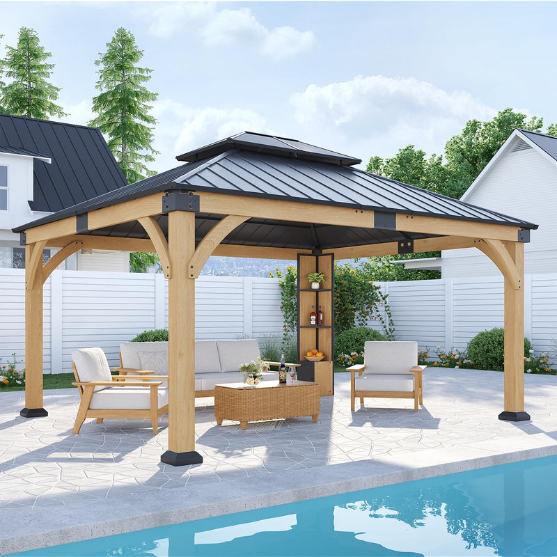 ZIENLIFE 12x14 ft Cedar Wood Gazebo with Sunlight Roof &Storage Cabinet, Hardtop Gazebo with Galvanized Steel Double Roof, Heavy Duty Pavilion for Patio Lawn and Garden