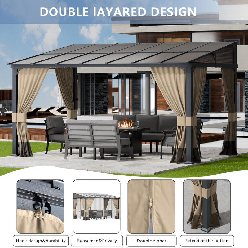 ASJMR 10x14FT Gazebo, Hardtop Wall Mounted Gazebo with Sloping Sun Panel Roof, Awnings for Patio with Metal Frame, Double Curtains for Garden, Lawn, Backyard Deck, Sand