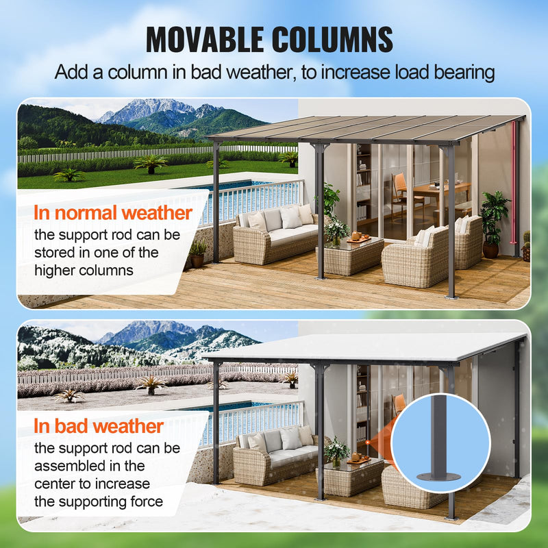 VEVOR Lean to Gazebo for Patio, 10' x 14' Hard Top Gazebo with Aluminum Frame, Wall Mounted & Freestanding Pergola, UV Resistant Polycarbonate Roof, Outdoor Patio Awnings for Deck, Garden and Backyard