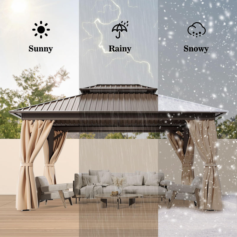 WKM 10x14 FT Hardtop Gazebo with Heavy Duty Galvanized Steel Double Roof, Aluminum Frame Permanent Pavilion with Curtains and Netting, Outside Canopy Gazebo for Patio, Deck and Backyard,Brown