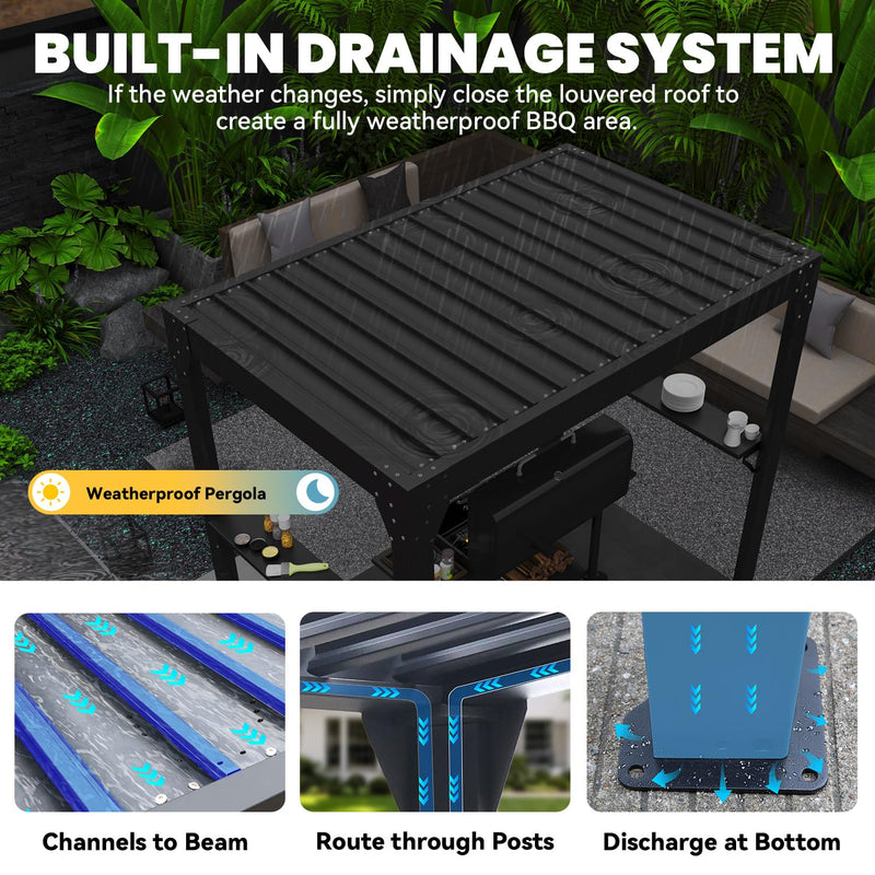 UPHYB 8x5 Louvered Pergola, Aluminum BBQ Pergola, Hardtop Gazebo for Outdoor Grill, Adjustable Rainproof Roof, Pergolas for Patio, Black